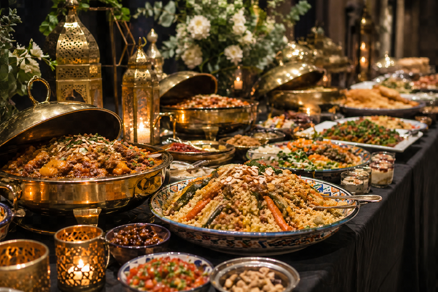 Festliches kaltes Buffet mit marokkanisch-mediterranen Speisen