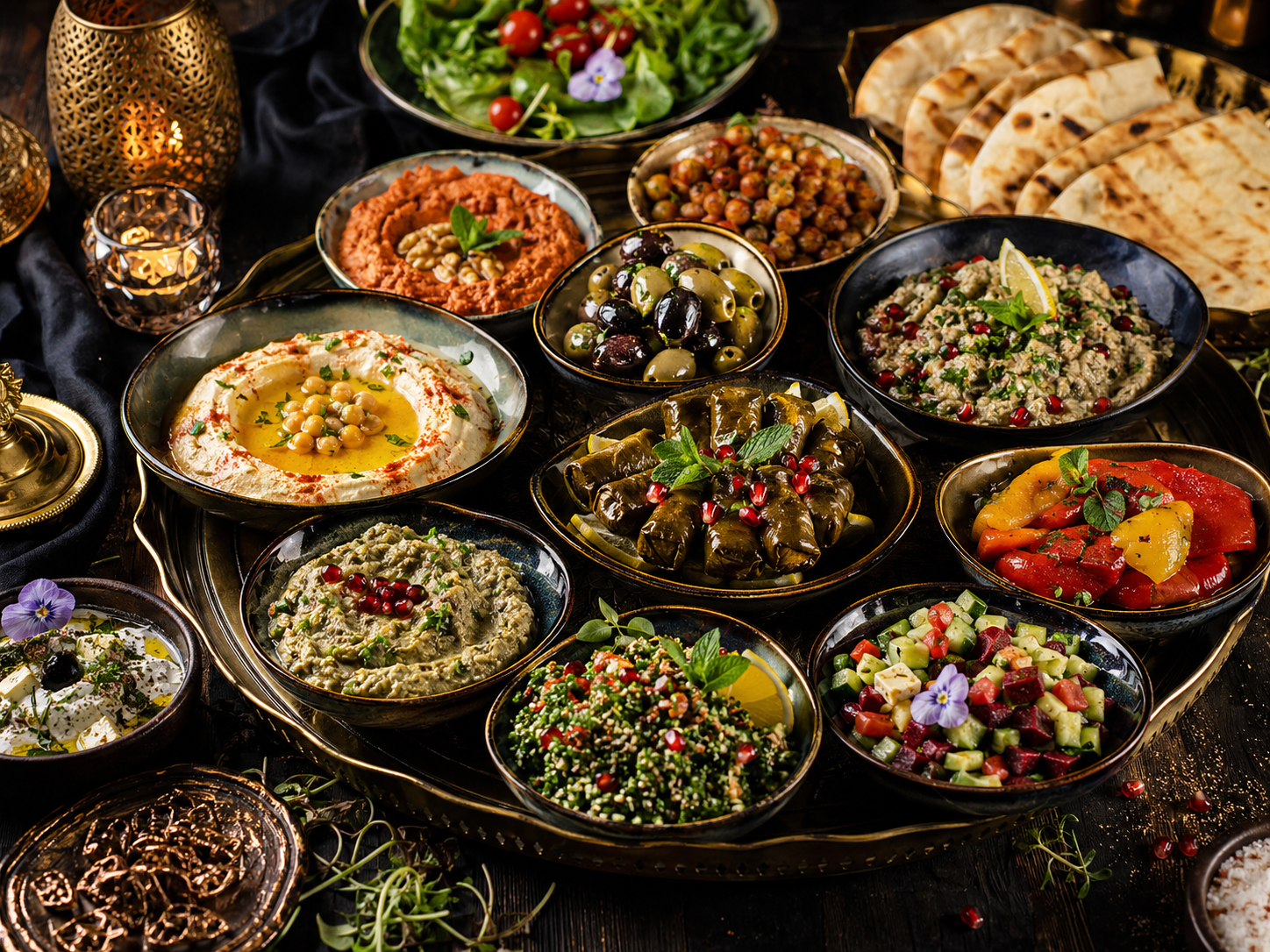 Kalte Mezze-Platte mit Dips, Oliven und Brot